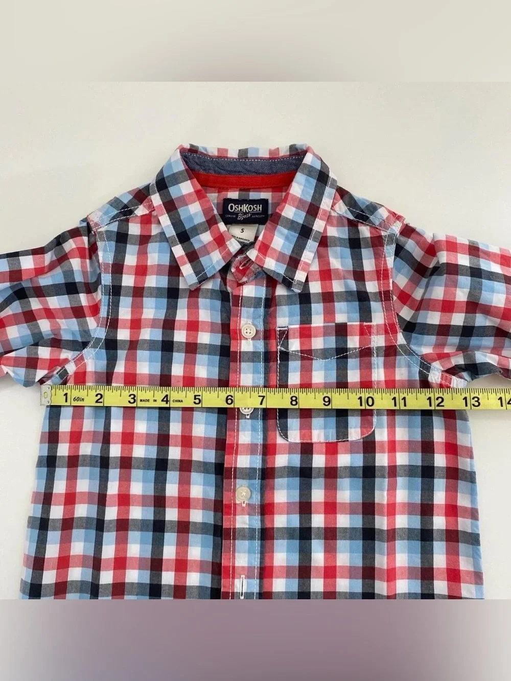 OshKosh B'gosh Red Blue White Plaid Button Down Shirt Long Sleeves Preppy Size 5